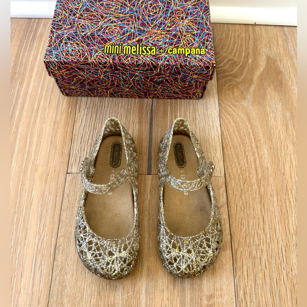 Mini Melissa Campana Mary Jane Flats in Golden Glitter